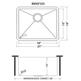 Dimensions for Ruvati Gravena 21" Undermount Rectangle Stainless Steel Bar/Prep Sink, 16 Gauge, Rounded Corners, RVH7121