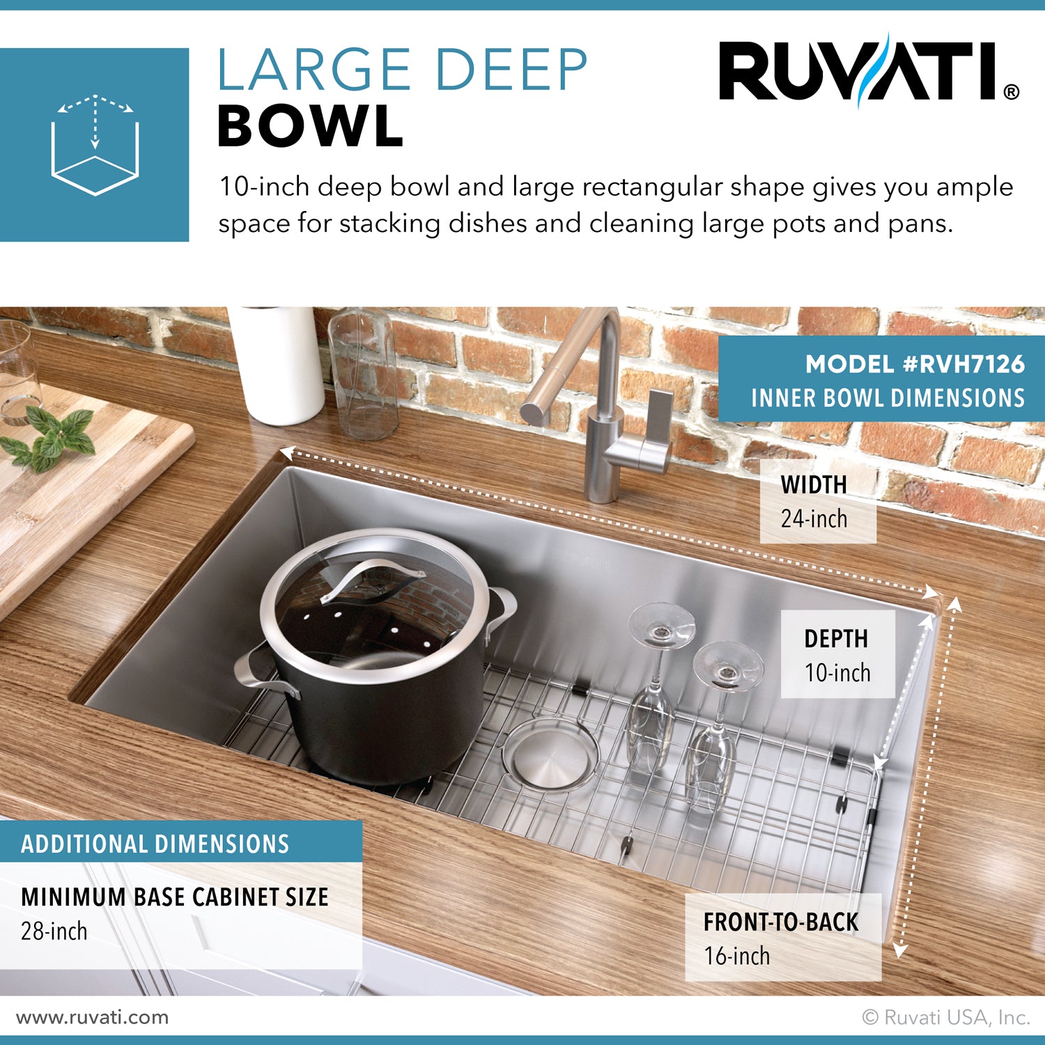 Alternative View of Ruvati Gravena 26" Undermount Stainless Steel Kitchen Sink, 16 Gauge, Rounded Corners, RVH7126