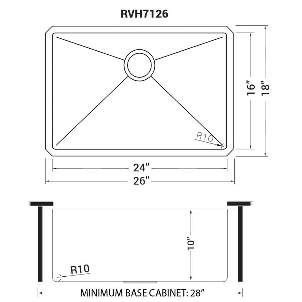 Dimensions Image for Ruvati Gravena 26" Undermount Stainless Steel Kitchen Sink, 16 Gauge, Rounded Corners, RVH7126