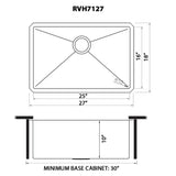 Dimensions for Ruvati Gravena 27" Undermount Stainless Steel Kitchen Sink, 16 Gauge, Rounded Corners, RVH7127