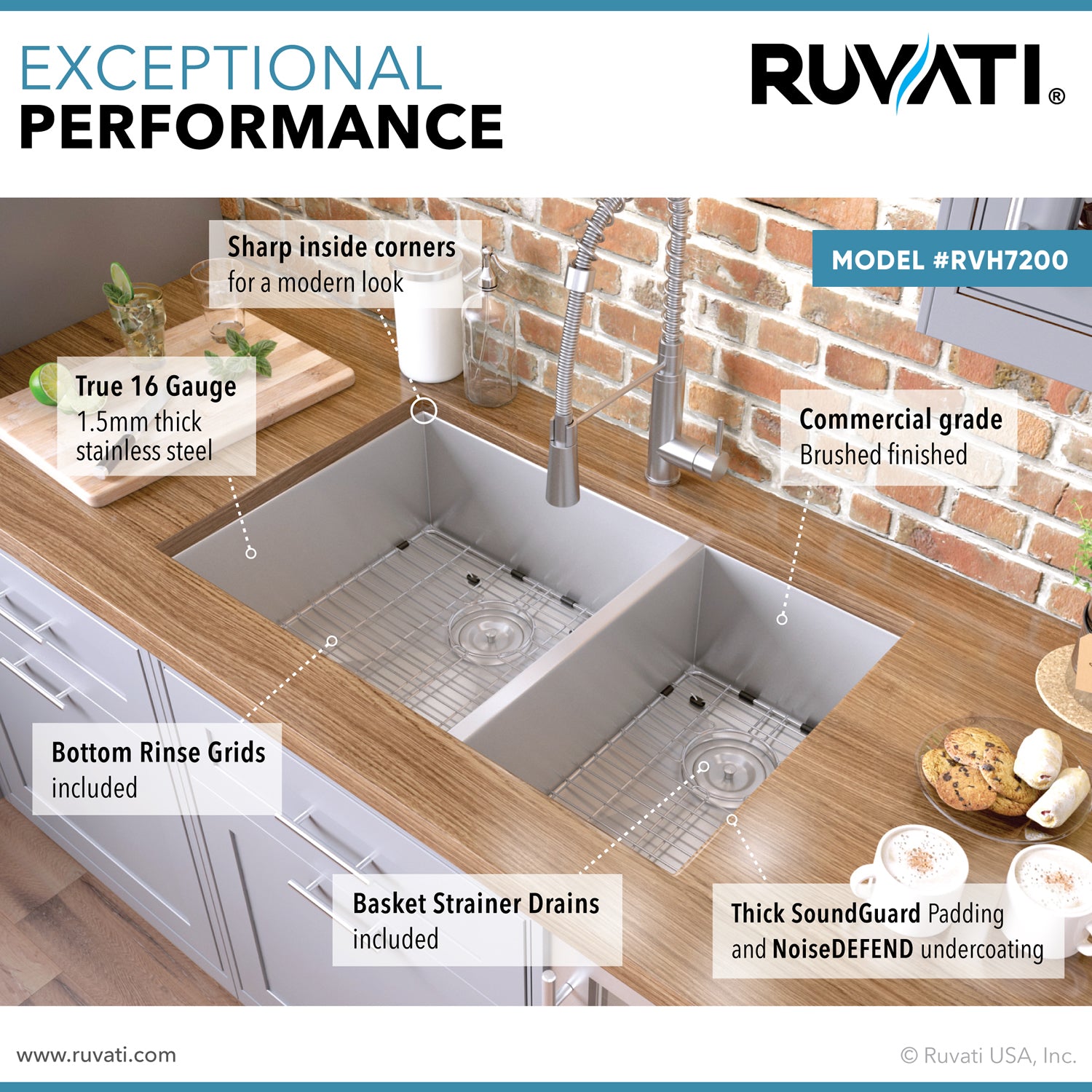 Alternative View of Ruvati Nesta 29" Undermount Stainless Steel Kitchen Sink, 60/40 Double Bowl, 16 Gauge, Zero Radius, RVH7200