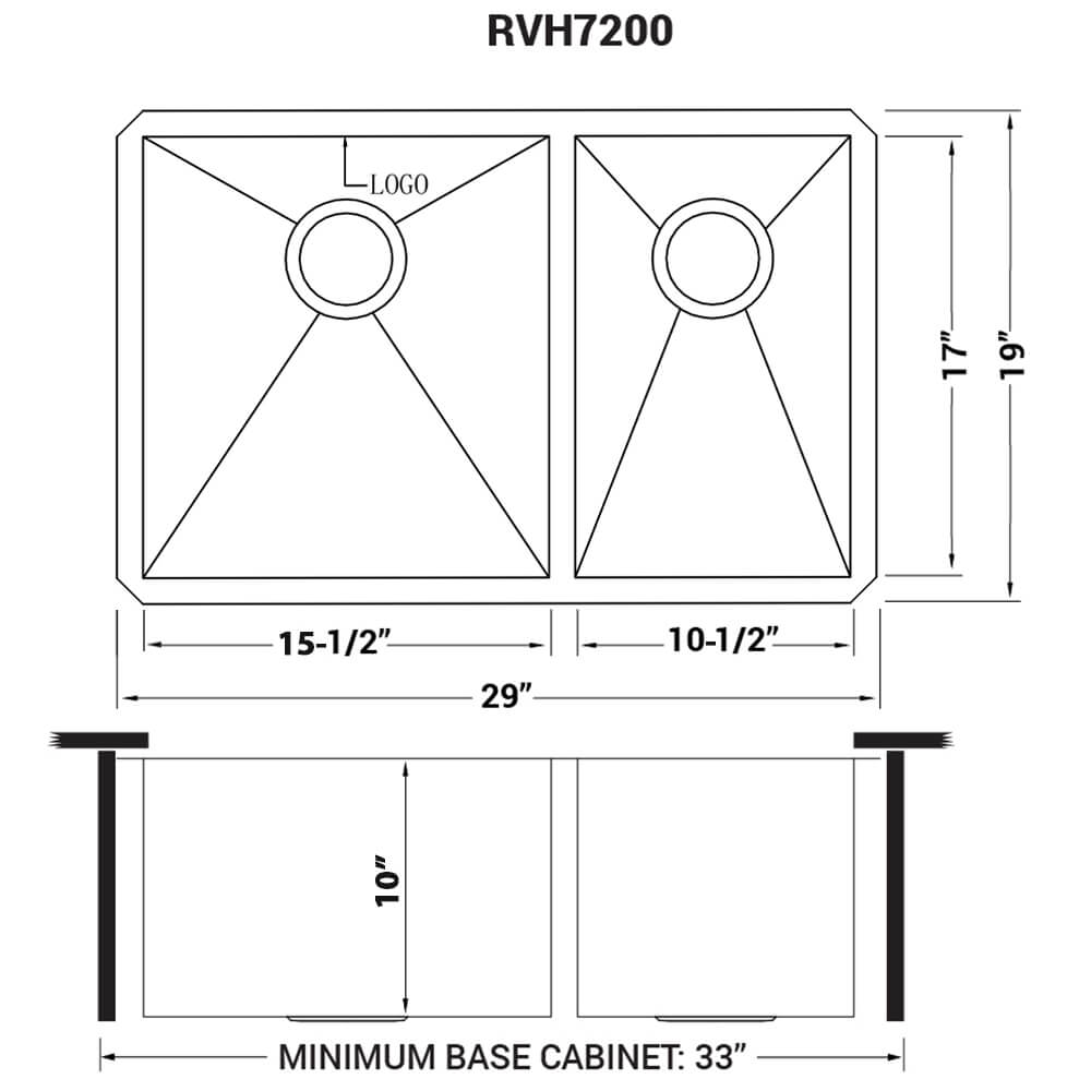 Dimensions Image for Ruvati Nesta 29" Undermount Stainless Steel Kitchen Sink, 60/40 Double Bowl, 16 Gauge, Zero Radius, RVH7200