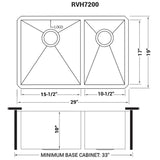 Dimensions for Ruvati Nesta 29" Undermount Stainless Steel Kitchen Sink, 60/40 Double Bowl, 16 Gauge, Zero Radius, RVH7200