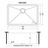 Dimensions for Ruvati Gravena 28" Undermount Stainless Steel Kitchen Sink, 16 Gauge, Rounded Corners, RVH7250