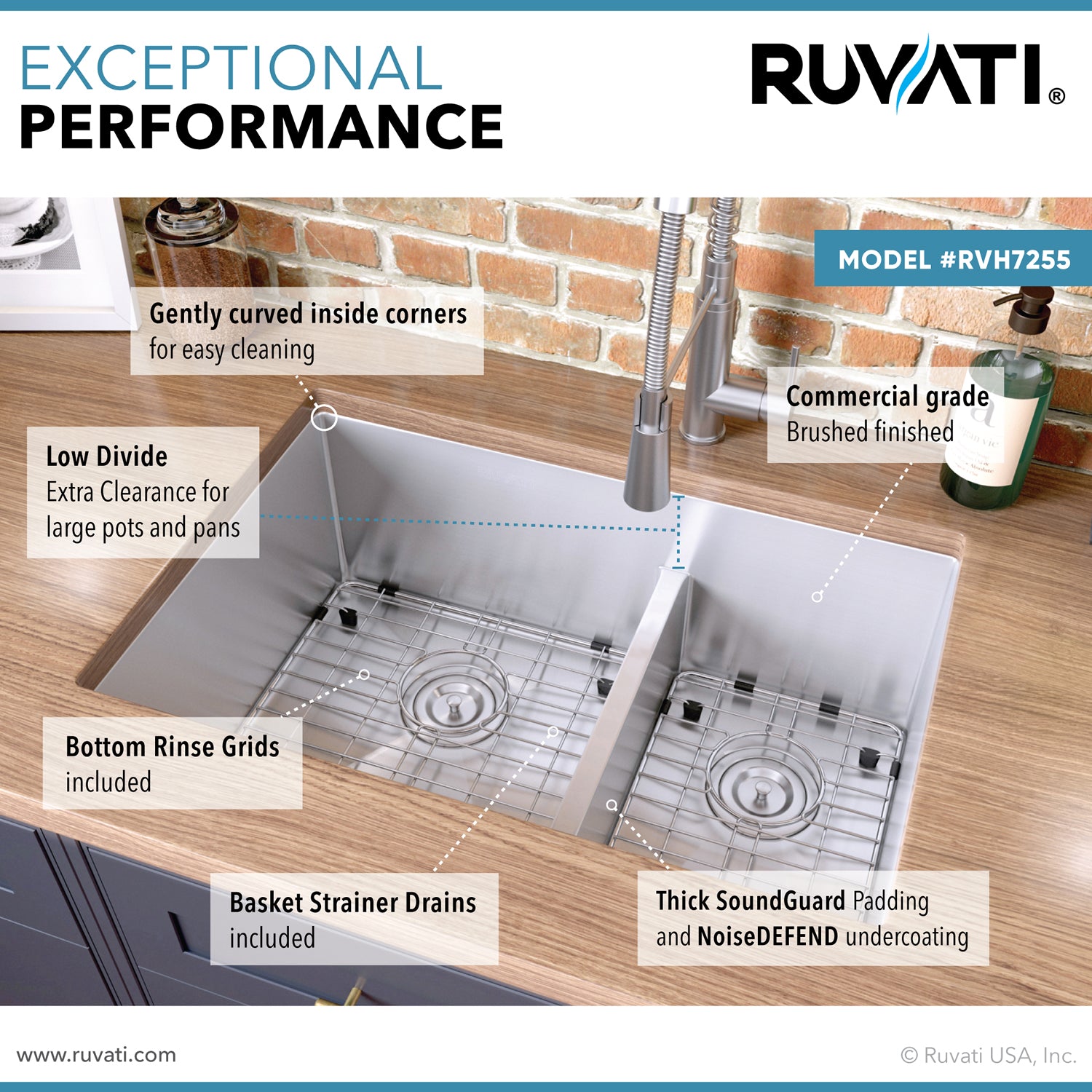 Alternative View of Ruvati Urbana 28" Undermount Stainless Steel Kitchen Sink, 60/40 Low Divide Double Bowl, 16 Gauge, Rounded Corners, RVH7255