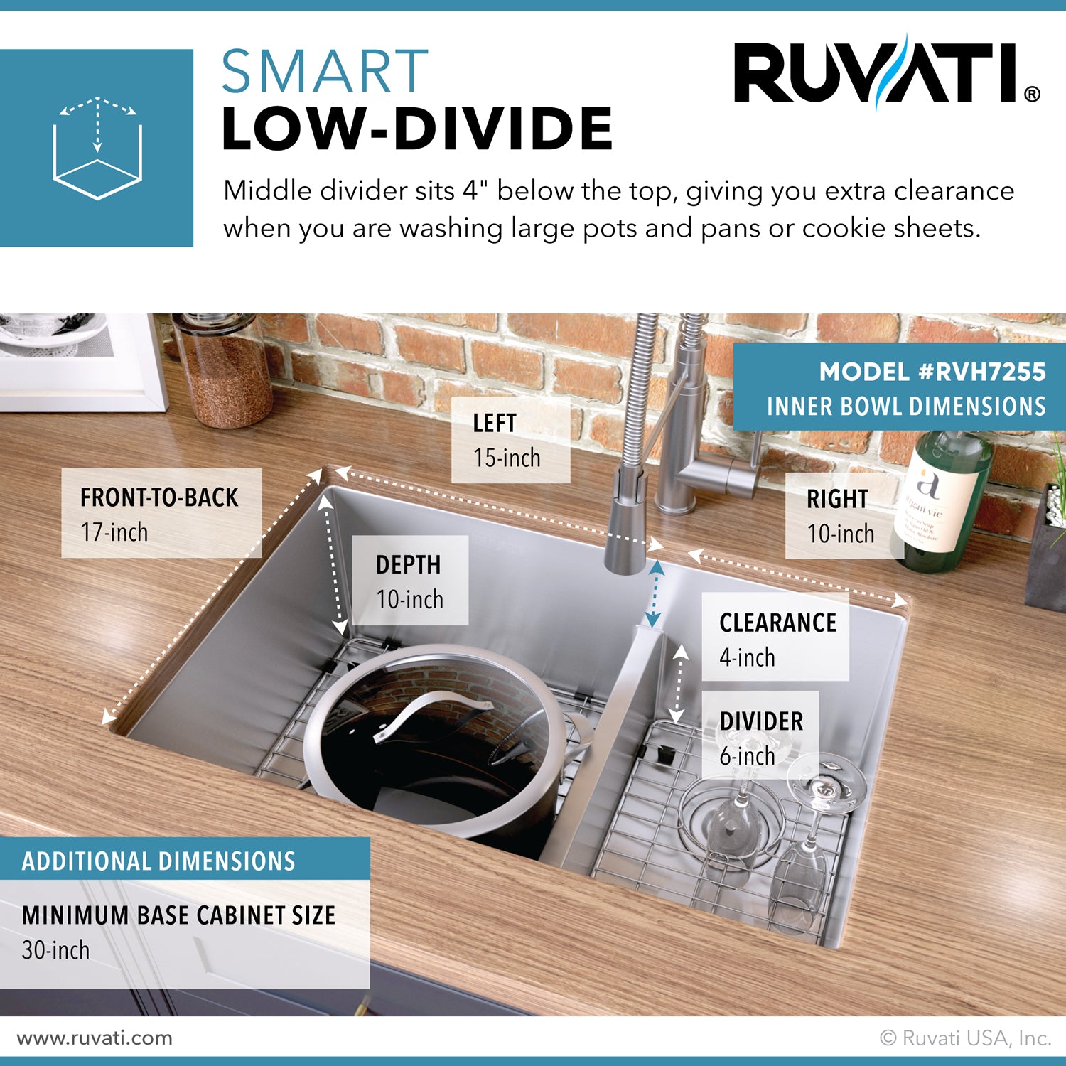 Alternative View of Ruvati Urbana 28" Undermount Stainless Steel Kitchen Sink, 60/40 Low Divide Double Bowl, 16 Gauge, Rounded Corners, RVH7255