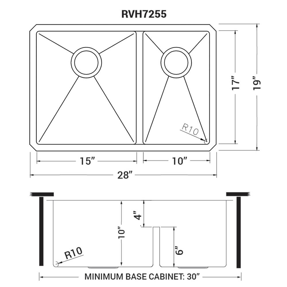 Dimensions Image for Ruvati Urbana 28" Undermount Stainless Steel Kitchen Sink, 60/40 Low Divide Double Bowl, 16 Gauge, Rounded Corners, RVH7255