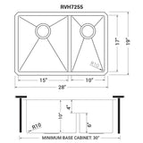 Dimensions for Ruvati Urbana 28" Undermount Stainless Steel Kitchen Sink, 60/40 Low Divide Double Bowl, 16 Gauge, Rounded Corners, RVH7255
