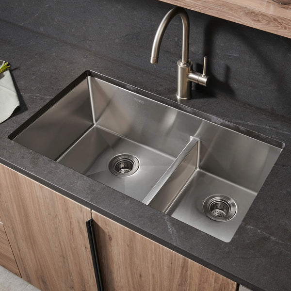 Main Image of Ruvati Urbana 28" Undermount Stainless Steel Kitchen Sink, 60/40 Low Divide Double Bowl, 16 Gauge, Rounded Corners, RVH7255