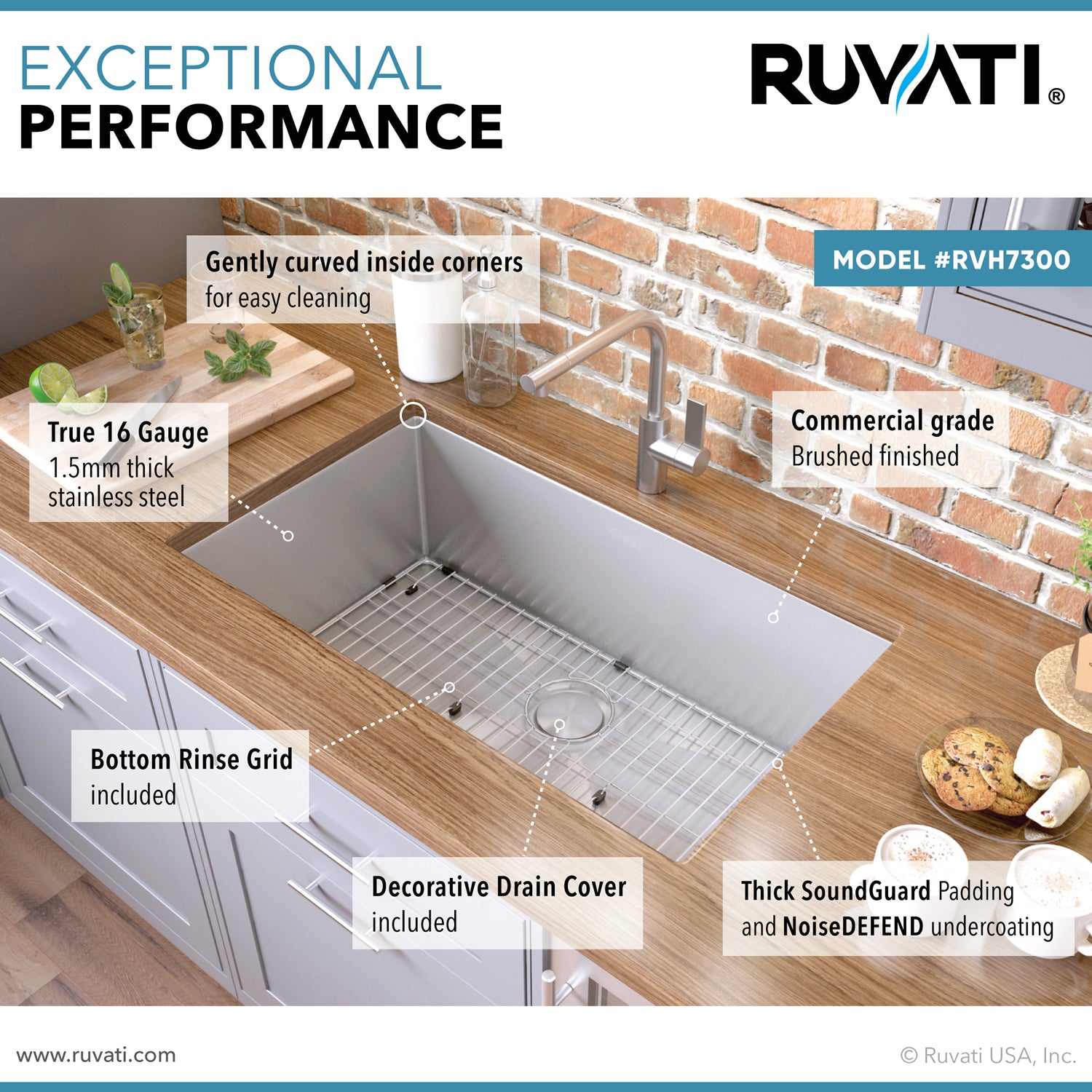 Alternative View of Ruvati Gravena 30" Undermount Stainless Steel Kitchen Sink, 16 Gauge, Rounded Corners, RVH7300
