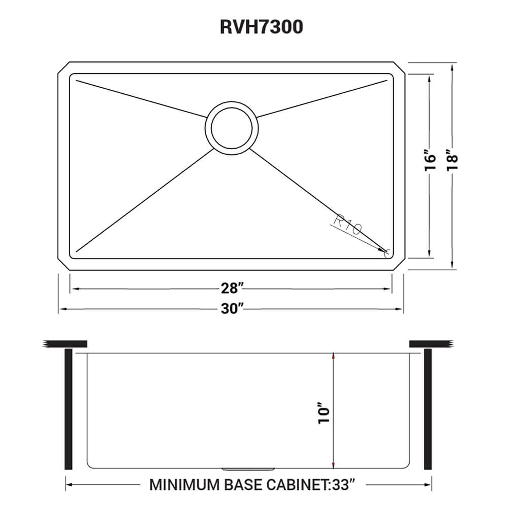 Dimensions Image for Ruvati Gravena 30" Undermount Stainless Steel Kitchen Sink, 16 Gauge, Rounded Corners, RVH7300