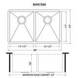 Dimensions for Ruvati Nesta 30" Undermount Stainless Steel Kitchen Sink, 50/50 Double Bowl, 16 Gauge, Zero Radius, RVH7350