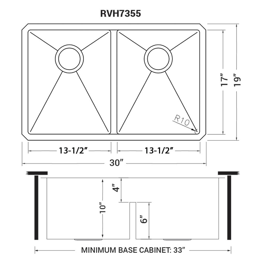 Dimensions Image for Ruvati Urbana 30" Undermount Stainless Steel Kitchen Sink, 50/50 Low Divide Double Bowl, 16 Gauge, Rounded Corners, RVH7355