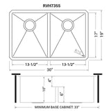 Dimensions for Ruvati Urbana 30" Undermount Stainless Steel Kitchen Sink, 50/50 Low Divide Double Bowl, 16 Gauge, Rounded Corners, RVH7355