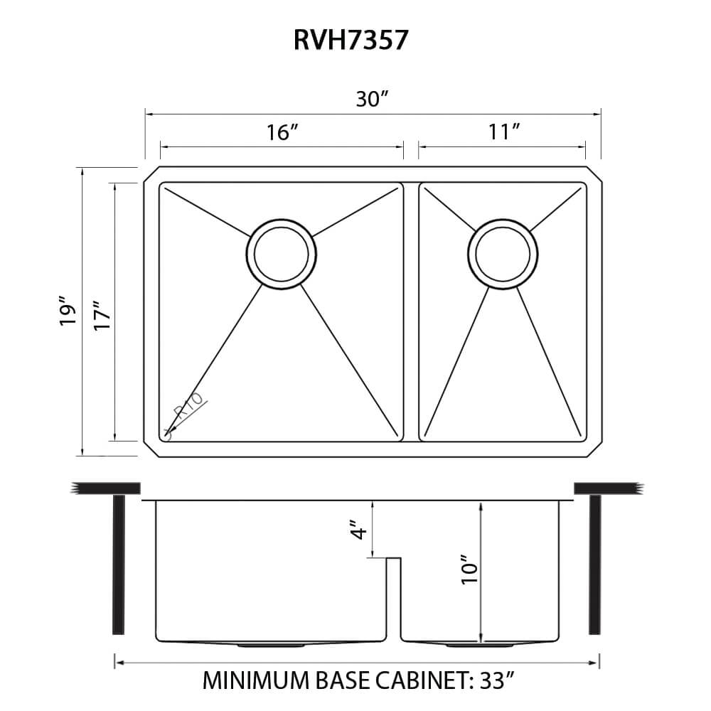 Dimensions Image for Ruvati Urbana 30" Undermount Stainless Steel Kitchen Sink, 60/40 Low Divide Double Bowl, 16 Gauge, Rounded Corners, RVH7357
