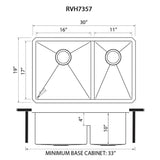 Dimensions for Ruvati Urbana 30" Undermount Stainless Steel Kitchen Sink, 60/40 Low Divide Double Bowl, 16 Gauge, Rounded Corners, RVH7357