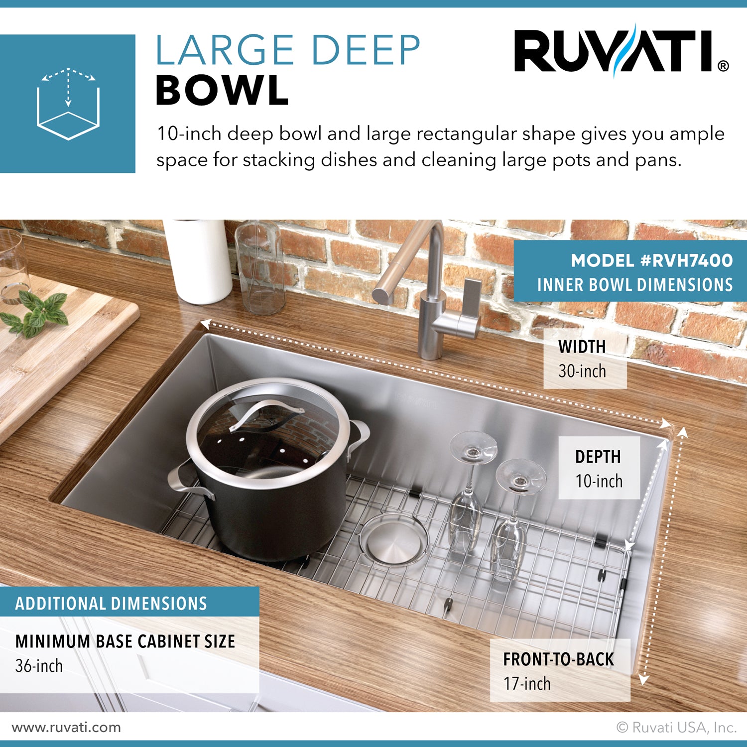 Alternative View of Ruvati Gravena 32" Undermount Stainless Steel Kitchen Sink, 16 Gauge, Rounded Corners, RVH7400