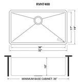 Dimensions for Ruvati Gravena 32" Undermount Stainless Steel Kitchen Sink, 16 Gauge, Rounded Corners, RVH7400