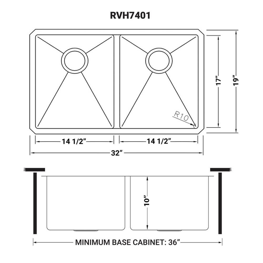 Dimensions Image for Ruvati Gravena 32" Undermount Stainless Steel Kitchen Sink, 50/50 Double Bowl, 16 Gauge, Rounded Corners, RVH7401