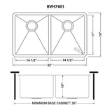 Dimensions for Ruvati Gravena 32" Undermount Stainless Steel Kitchen Sink, 50/50 Double Bowl, 16 Gauge, Rounded Corners, RVH7401