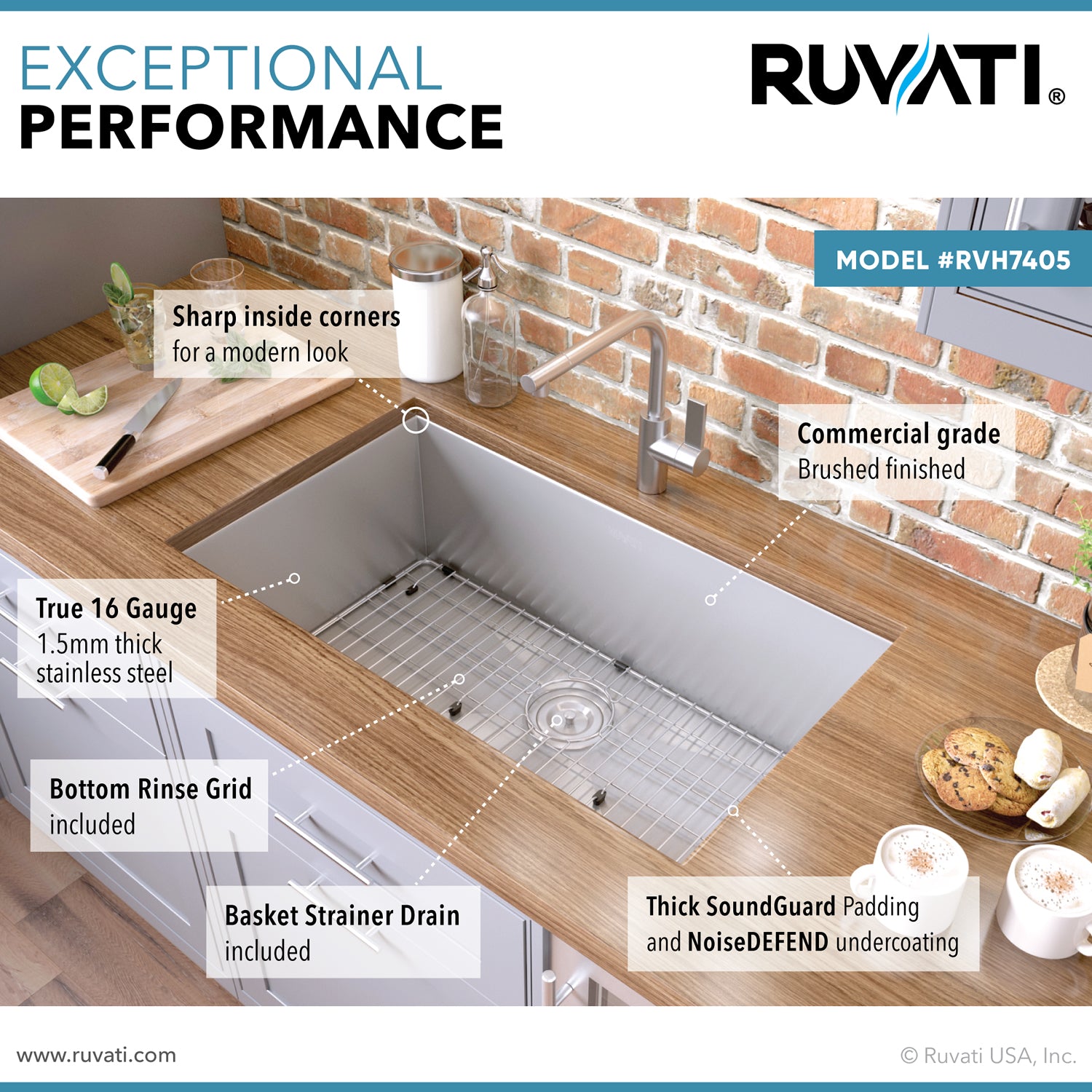 Alternative View of Ruvati Nesta 32" Undermount Stainless Steel Kitchen Sink, 16 Gauge, Zero Radius, RVH7405