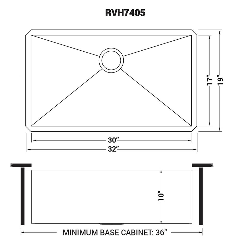 Dimensions Image for Ruvati Nesta 32" Undermount Stainless Steel Kitchen Sink, 16 Gauge, Zero Radius, RVH7405