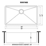 Dimensions for Ruvati Nesta 32" Undermount Stainless Steel Kitchen Sink, 16 Gauge, Zero Radius, RVH7405