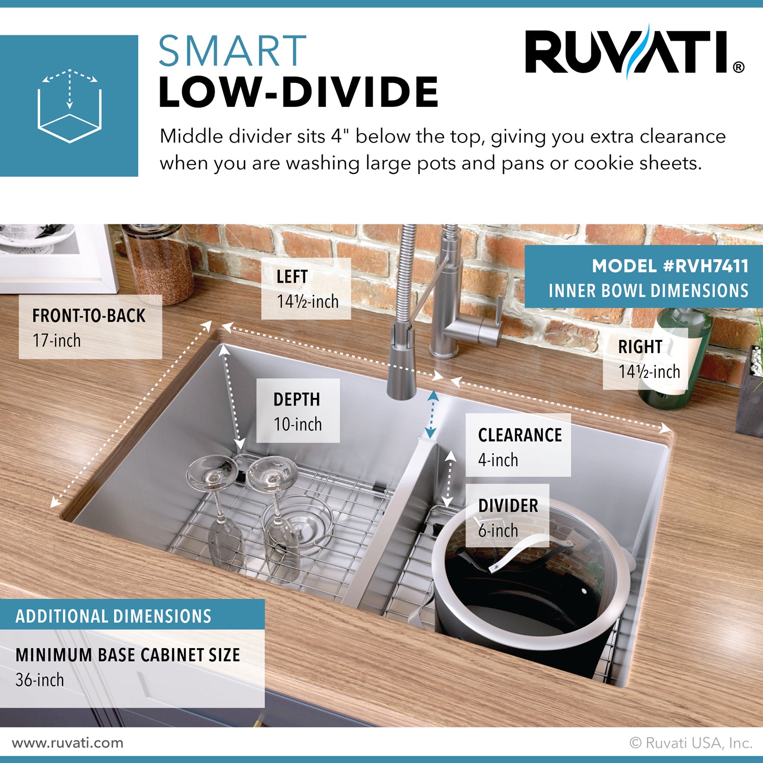 Alternative View of Ruvati Urbana 32" Undermount Stainless Steel Kitchen Sink, 50/50 Low Divide Double Bowl, 16 Gauge, Rounded Corners, RVH7411