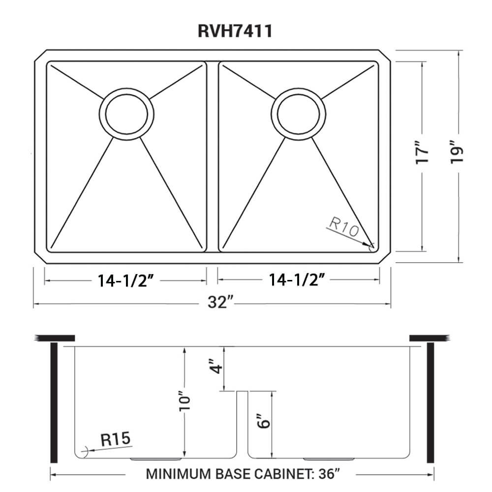 Dimensions Image for Ruvati Urbana 32" Undermount Stainless Steel Kitchen Sink, 50/50 Low Divide Double Bowl, 16 Gauge, Rounded Corners, RVH7411