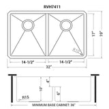 Dimensions for Ruvati Urbana 32" Undermount Stainless Steel Kitchen Sink, 50/50 Low Divide Double Bowl, 16 Gauge, Rounded Corners, RVH7411