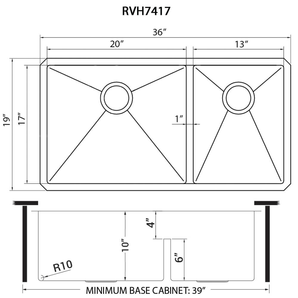 Dimensions Image for Ruvati Urbana 36" Undermount Stainless Steel Kitchen Sink, 60/40 Low Divide Double Bowl, 16 Gauge, RVH7417