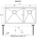Dimensions for Ruvati Urbana 36" Undermount Stainless Steel Kitchen Sink, 60/40 Low Divide Double Bowl, 16 Gauge, RVH7417
