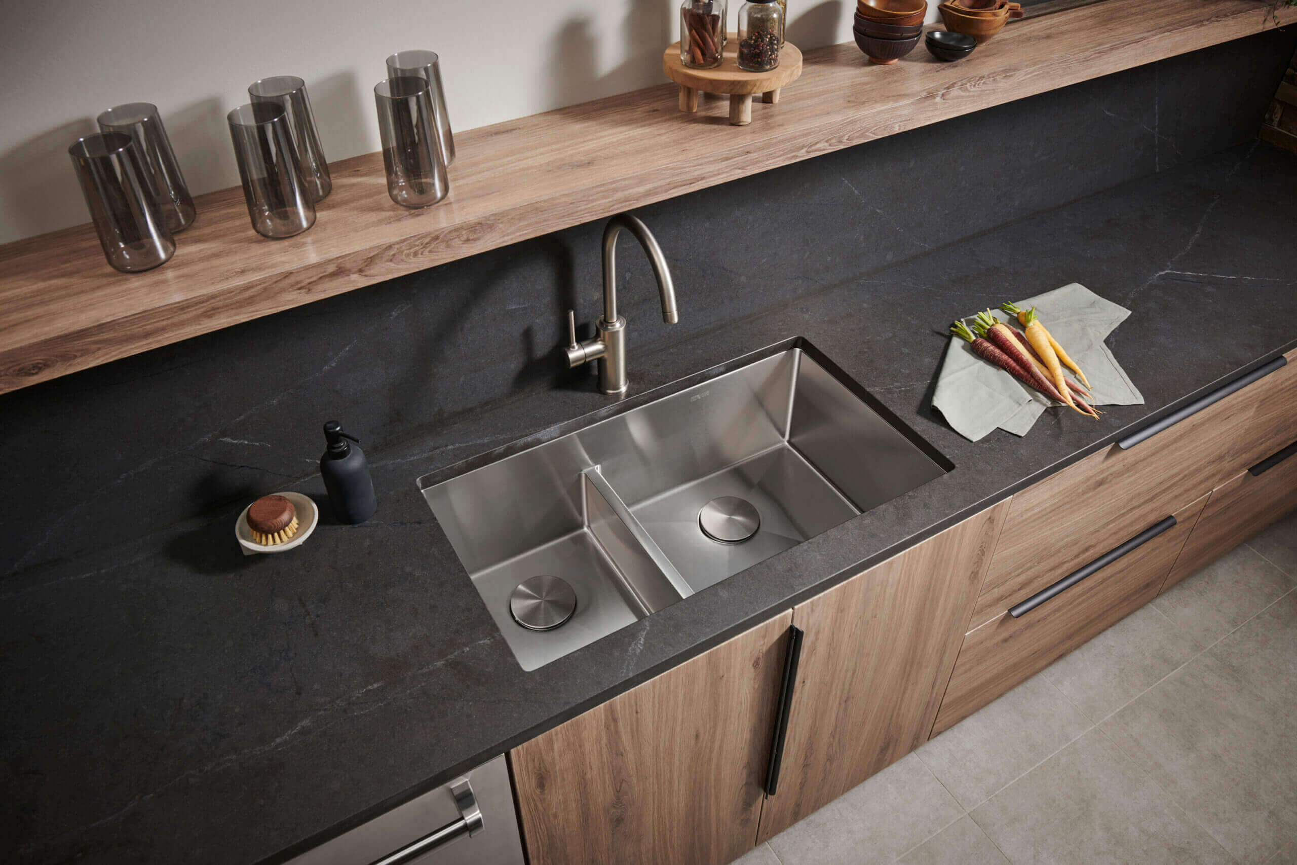 Alternative View of Ruvati Urbana 33" Undermount Stainless Steel Kitchen Sink, 40/60 Low Divide Double Bowl, 16 Gauge, Rounded Corners, RVH7418