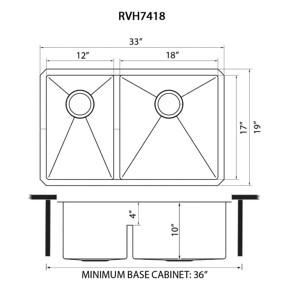 Dimensions Image for Ruvati Urbana 33" Undermount Stainless Steel Kitchen Sink, 40/60 Low Divide Double Bowl, 16 Gauge, Rounded Corners, RVH7418