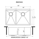 Dimensions for Ruvati Urbana 33" Undermount Stainless Steel Kitchen Sink, 40/60 Low Divide Double Bowl, 16 Gauge, Rounded Corners, RVH7418