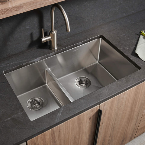 Main Image of Ruvati Urbana 33" Undermount Stainless Steel Kitchen Sink, 40/60 Low Divide Double Bowl, 16 Gauge, Rounded Corners, RVH7418