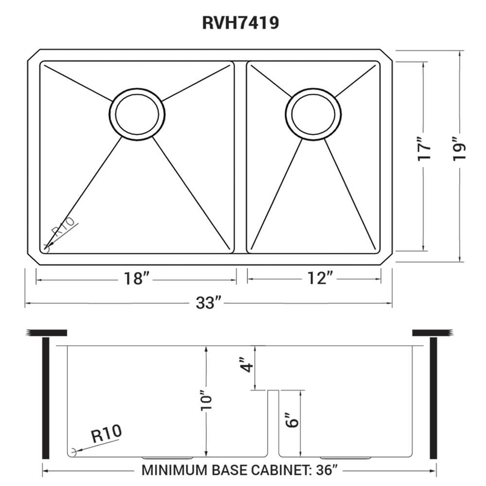 Dimensions Image for Ruvati Urbana 33" Undermount Stainless Steel Kitchen Sink, 60/40 Low Divide Double Bowl, 16 Gauge, Rounded Corners, RVH7419