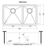 Dimensions for Ruvati Urbana 33" Undermount Stainless Steel Kitchen Sink, 60/40 Low Divide Double Bowl, 16 Gauge, Rounded Corners, RVH7419