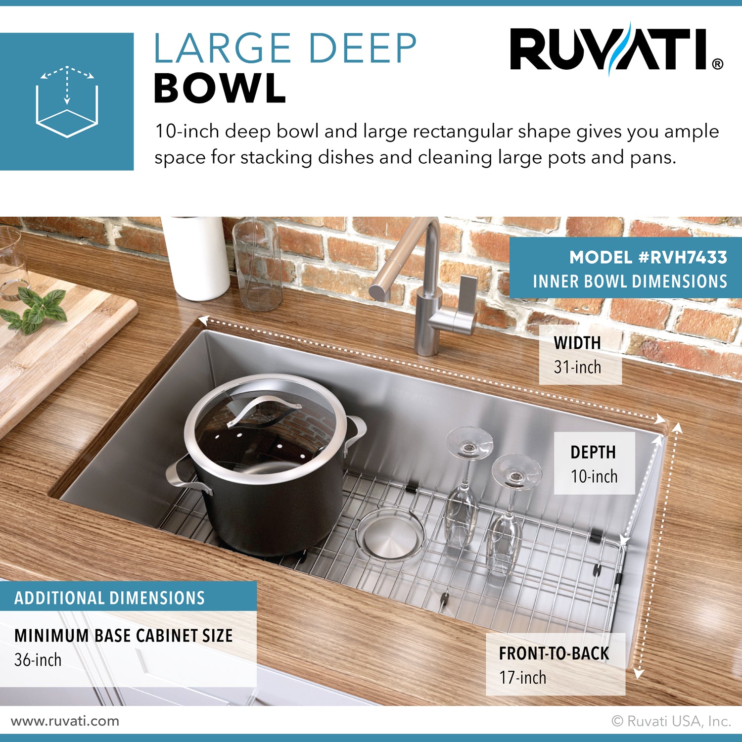 Alternative View of Ruvati Gravena 33" Undermount Stainless Steel Kitchen Sink, 16 Gauge, Rounded Corners, RVH7433