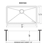 Dimensions for Ruvati Gravena 33" Undermount Stainless Steel Kitchen Sink, 16 Gauge, Rounded Corners, RVH7433