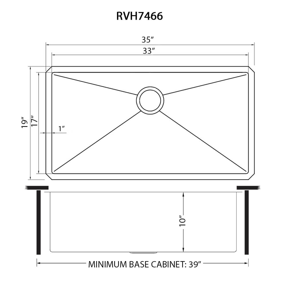 Dimensions Image for Ruvati Gravena 35" Undermount Stainless Steel Kitchen Sink, 16 Gauge, Rounded Corners, RVH7466