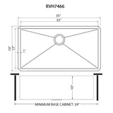 Dimensions for Ruvati Gravena 35" Undermount Stainless Steel Kitchen Sink, 16 Gauge, Rounded Corners, RVH7466