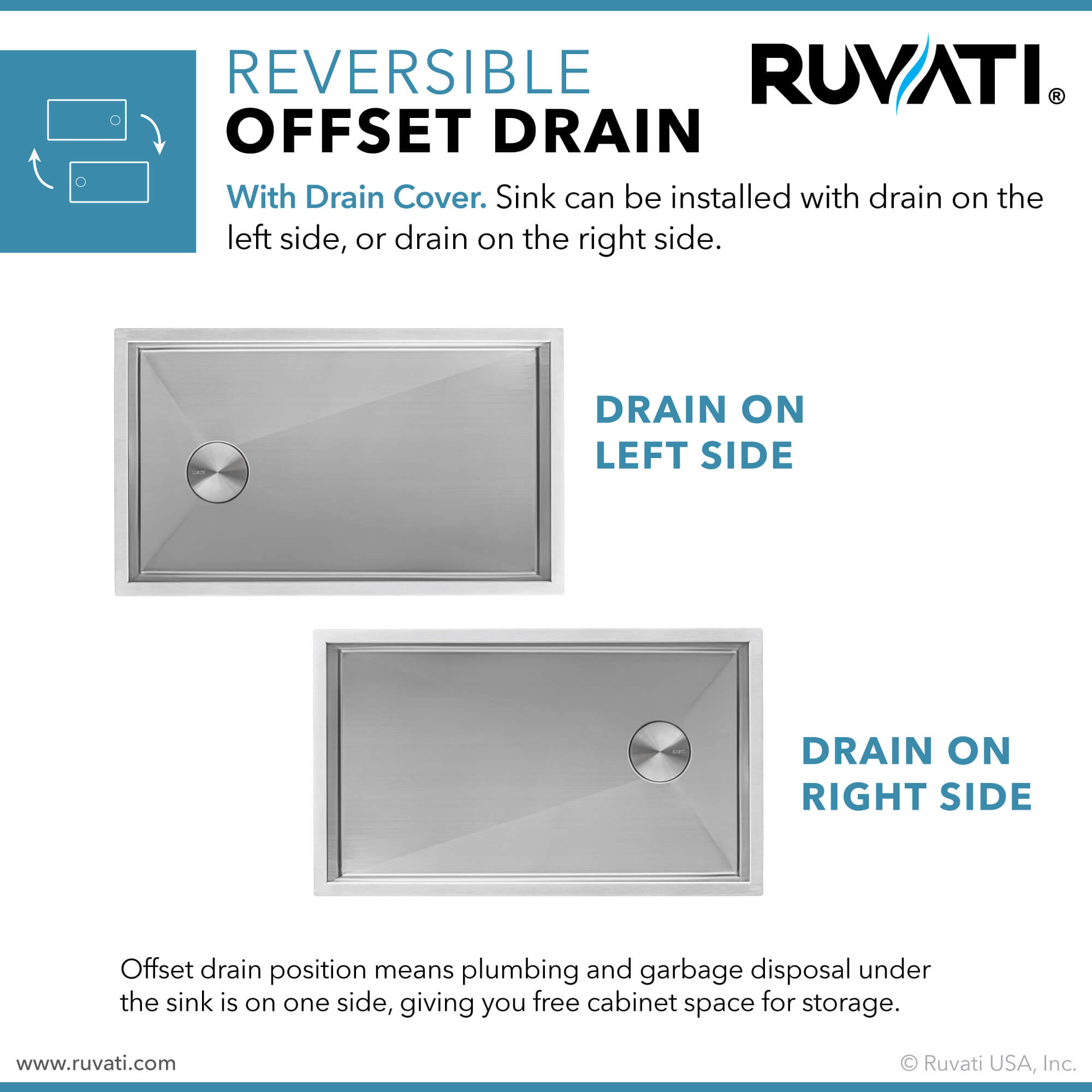 Alternative View of Ruvati Tribeca 27" Slope Bottom Offset Drain Undermount Stainless Steel Kitchen Sink, 16 Gauge, RVH7470