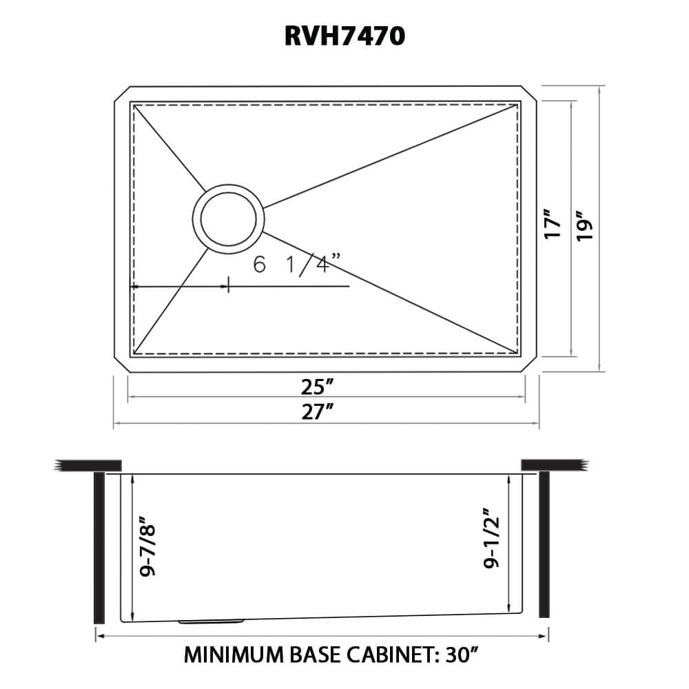 Dimensions Image for Ruvati Tribeca 27" Slope Bottom Offset Drain Undermount Stainless Steel Kitchen Sink, 16 Gauge, RVH7470