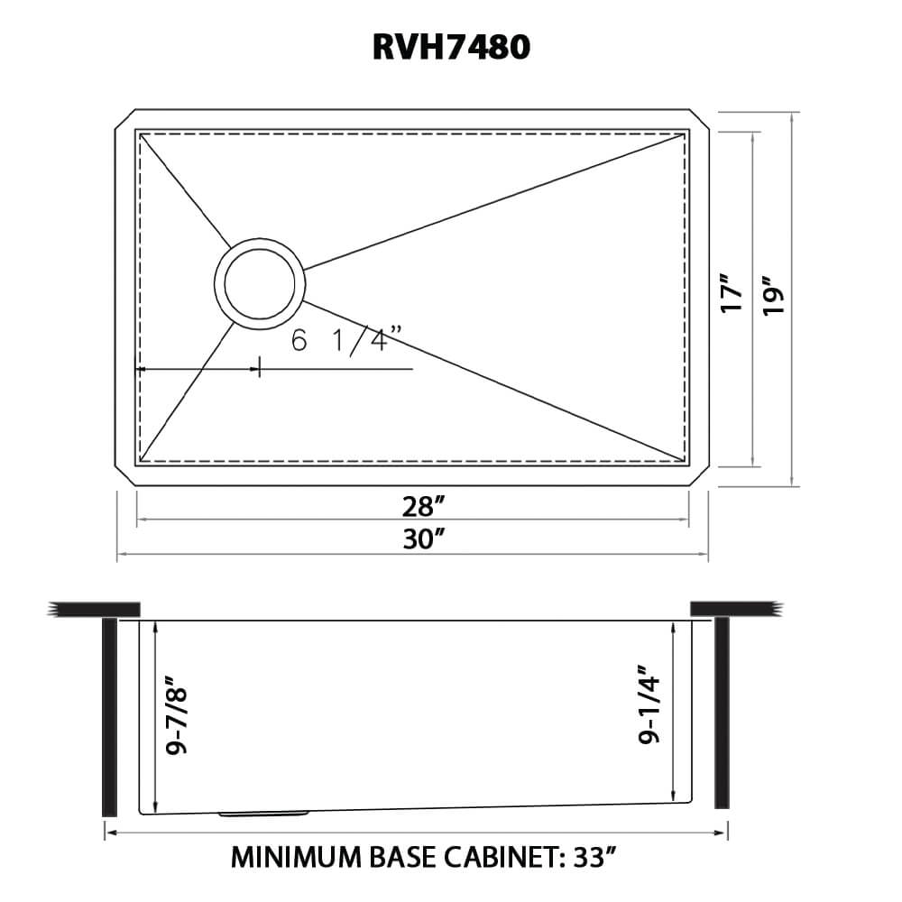 Dimensions Image for Ruvati Tribeca 30" Slope Bottom Offset Drain Undermount Stainless Steel Kitchen Sink, 16 Gauge, RVH7480
