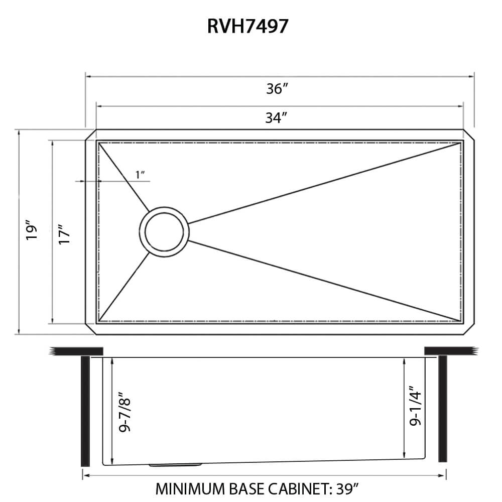 Dimensions Image for Ruvati Tribeca 36" Slope Bottom Offset Drain Reversible Undermount Stainless Steel Kitchen Sink, 16 Gauge, RVH7497