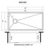 Dimensions for Ruvati Tribeca 36" Slope Bottom Offset Drain Reversible Undermount Stainless Steel Kitchen Sink, 16 Gauge, RVH7497