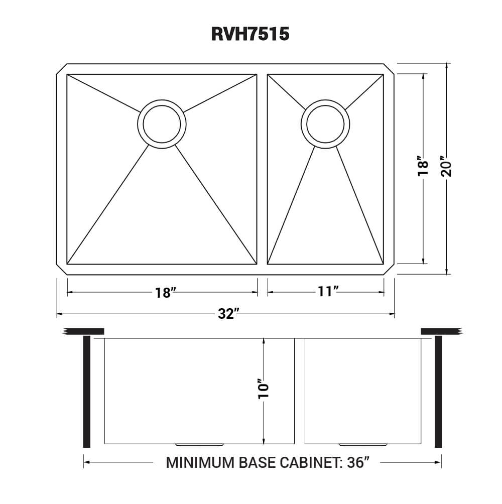 Dimensions Image for Ruvati Nesta 32" Undermount Stainless Steel Kitchen Sink, 60/40 Double Bowl, 16 Gauge, Zero Radius, RVH7515