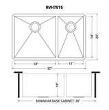 Dimensions for Ruvati Nesta 32" Undermount Stainless Steel Kitchen Sink, 60/40 Double Bowl, 16 Gauge, Zero Radius, RVH7515