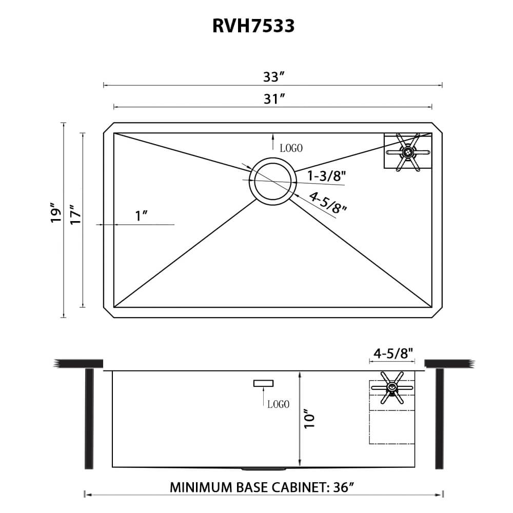 Dimensions Image for Ruvati Ibiza Glass Rinser and Sink Combo 30-inch Undermount 16 Gauge Stainless Steel Rounded Corners Kitchen Sink Single Bowl, 16, RVH7533